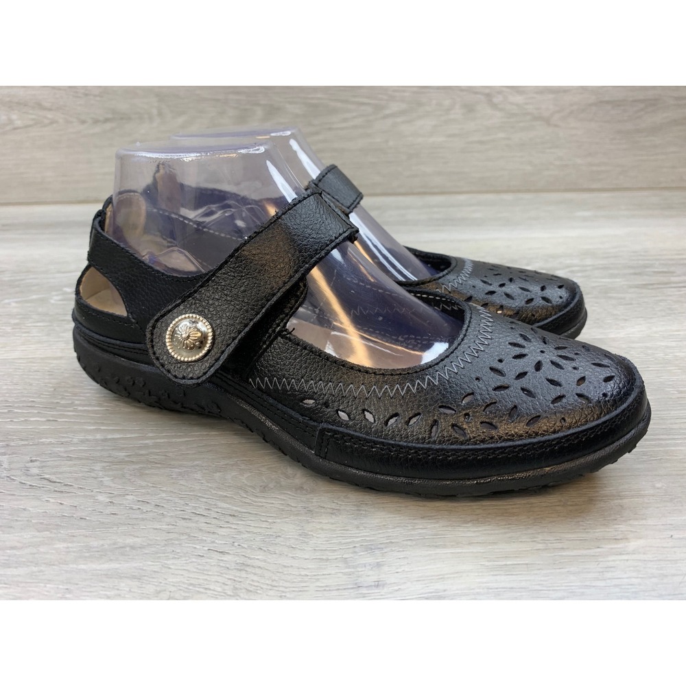 Spring Step Naturate Black Leather Laser Cut Mary Jane Shoes Women's 7.5-8